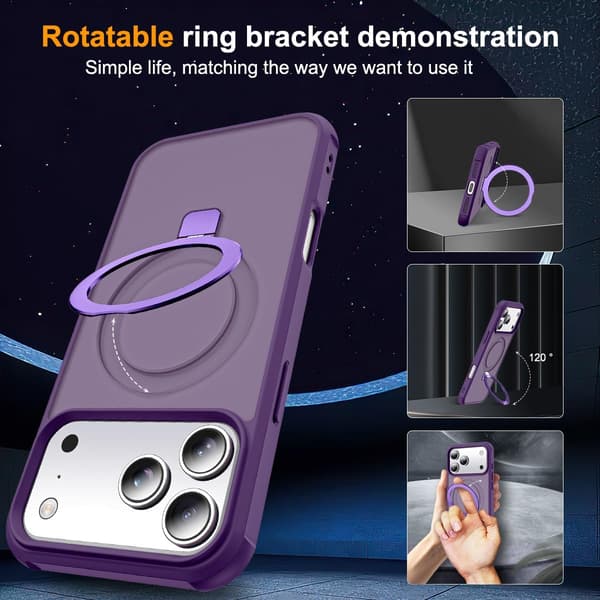 Kompatibel med iPhone 17 Pro-deksel med stativ, lilla, magnetisk ringstativ SKYLMW Compatible with