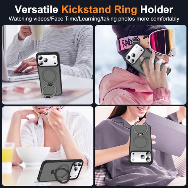 Kompatibel med iPhone 17 Pro Cover med Stand, Sort, Magnetisk Ring Kickstand SKYLMW Compatible with