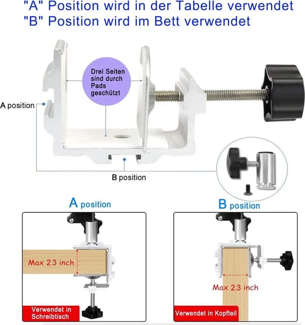Tabletstativ 360° roterende med robust aluminiumsarm til iPad, tablet, telefon