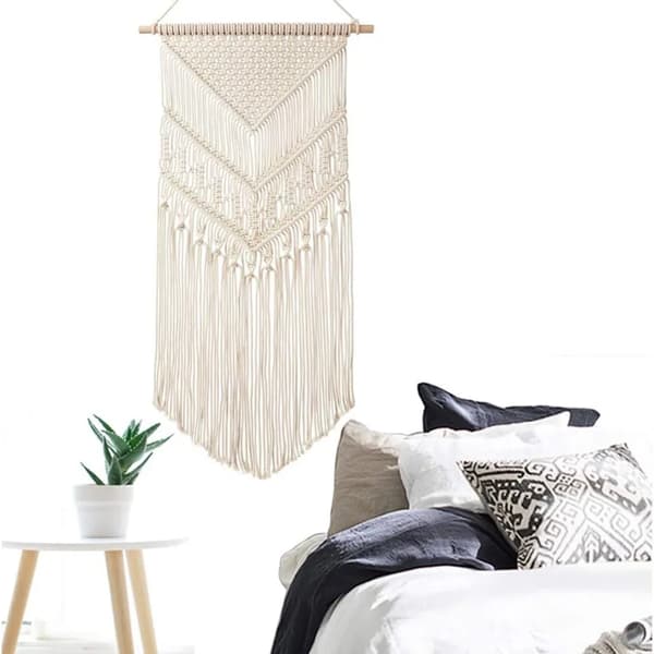 Håndvevd billedvev Boho bomullsveggdekor Beige 40x75cm trestang 1 stk