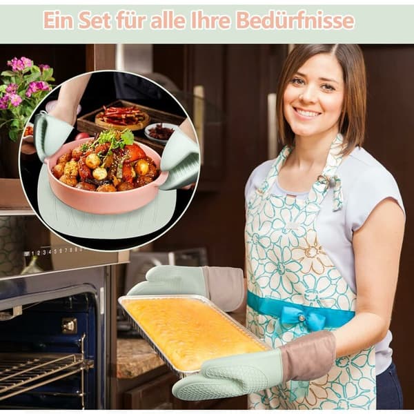 5-delat matlagningshandskset i silikon, värmebeständigt, quiltat bomullsfoder, köksbakning, grill, mintgrön