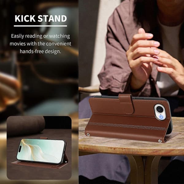 Plånboksfodral kompatibelt med iPhone 16e / 17e, 9 kortplatser, PU-läder, vikbart stativ, 16 cm rem Compatible For iPhone
