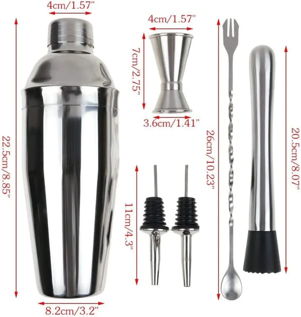 Cocktail Shaker Sæt, Professionelt Cocktail Barsæt i Rustfrit Stål Inkluderer 750 ml Shaker, Muddler, Blandeske, Dobbelt Jigger, Skænkeprop