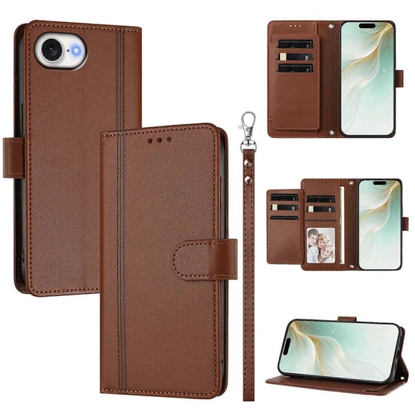 Plånboksfodral kompatibelt med iPhone 16e / 17e, 9 kortplatser, PU-läder, vikbart stativ, 16 cm rem Compatible For iPhone