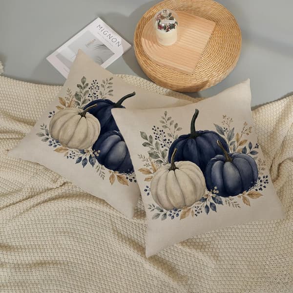 Hösten Blå Vit Pumpa Eukalyptus Kuddfodral 18x18 Set om 2 Set of 2
