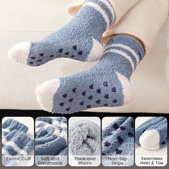 5-pack fluffiga halkfria strumpor för kvinnor, hjärtmönster