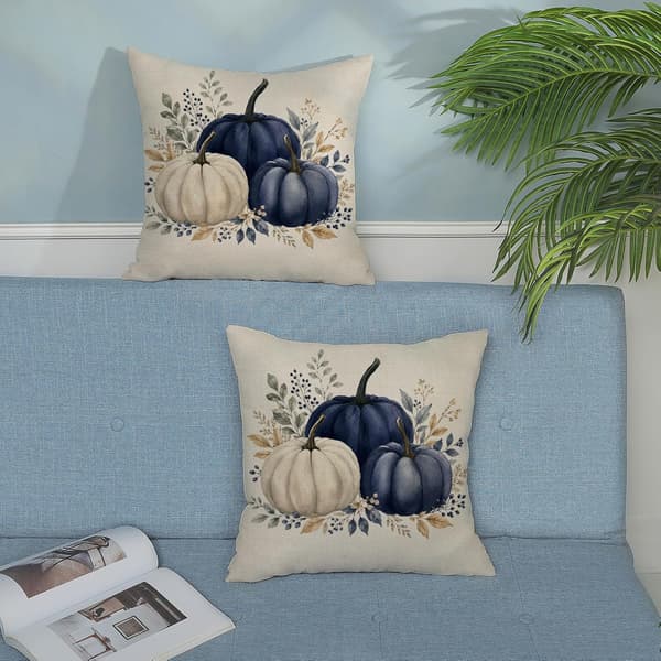 Hösten Blå Vit Pumpa Eukalyptus Kuddfodral 18x18 Set om 2 Set of 2