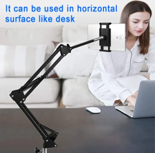 Tabletstativ 360° roterende med robust aluminiumsarm til iPad, tablet, telefon