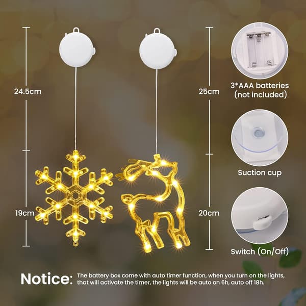 Julbelysning för inomhusfönster, 2-pack, 10 lysdioder, varmvit, batteridriven, timer (snöflinga och älg) Pack of 2