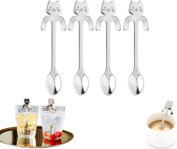 4 stk. 304 rustfrit stål kattekaffeske, kattehængende design teske dessertske til vand, te, mælk, kaffe, dessert, drikkevarer, omrøring af milkshake