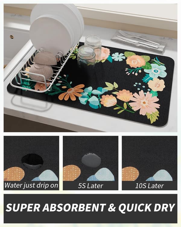16 x 24 tommer blomstret sort absorberende kaffemåtte, gummibagside, kompatibel med kaffe- og espressomaskiner AMOAMI Coffee Mat