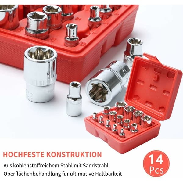 14 stk. udvendigt Torx E-topnøglesæt E4-E24 til 1/4 3/8 1/2\" drev med etui