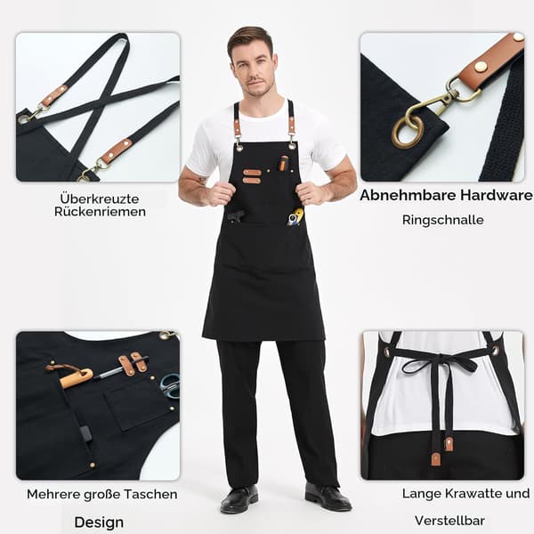 Sort lærredsarbejdsforklæde til mænd og kvinder, 3 lommer, krydsrygsstropper Canvas Aprons, Waterproof