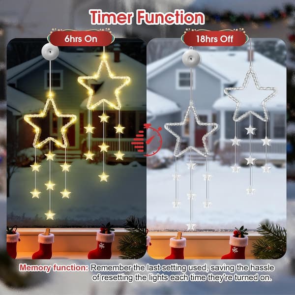 LED-stjerner julelys, pakke med 2 stjernevinduslys, varmhvit, batteridrevet med timer, 8 moduser Pack of 2