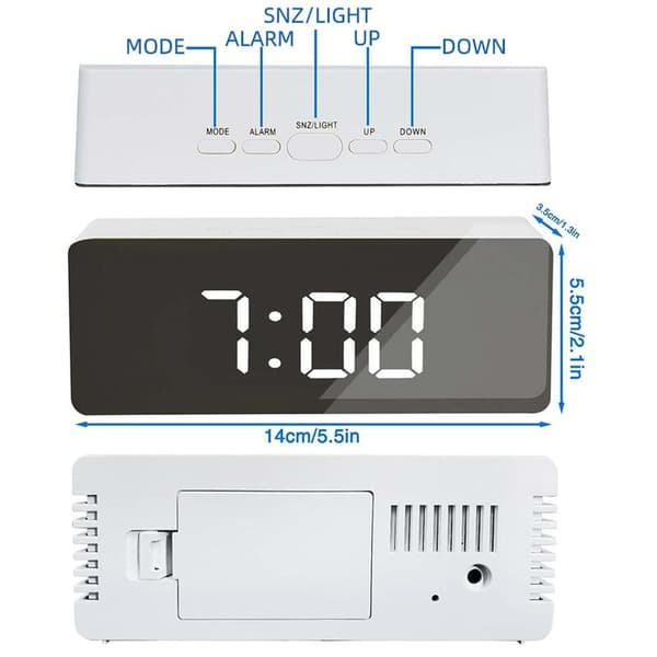 LED Spegel Digital Bordsklocka Datum Temp Snooze Nattläge 12-24H USB AAA Ström 140mm 1 Set