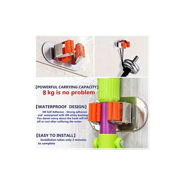 Självhäftande mopp- och kvasthållare 2-pack väggmonterad 304 rostfritt stål oval