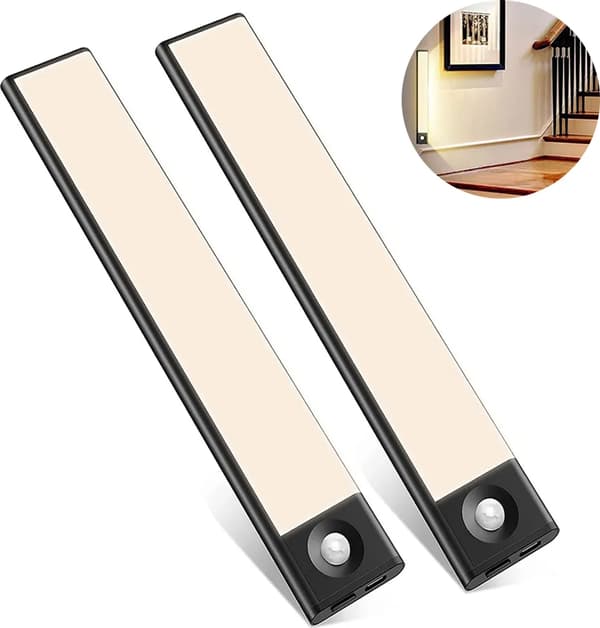 LED Bevægelsessensor Lys 2-pak USB Genopladelig Ultratynd Skab Skuffe Trappe