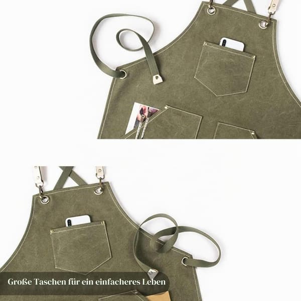 Grønt denim langt forklæde til mænd og kvinder, 3 lommer, krydsrygstrop Canvas Apron Men