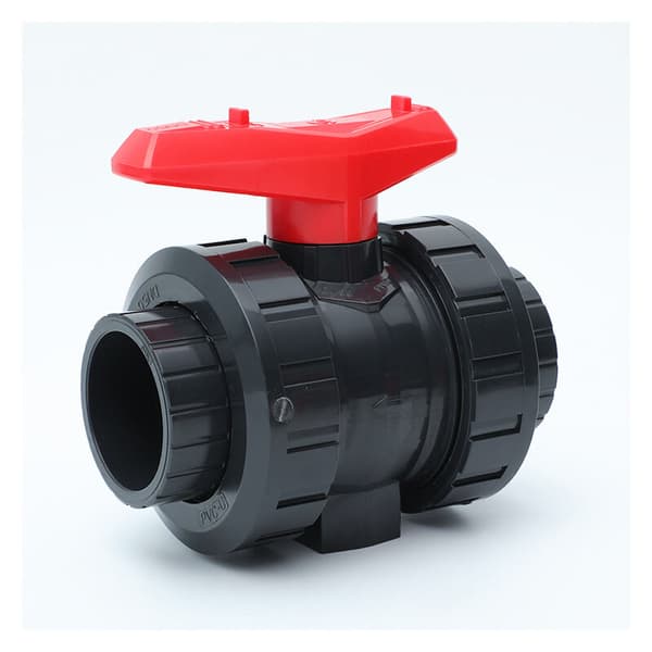 PVC Kuglehane 50mm 1½\" Limfitting Afspærring Grå Krop Rødt Håndtag Pool Dam