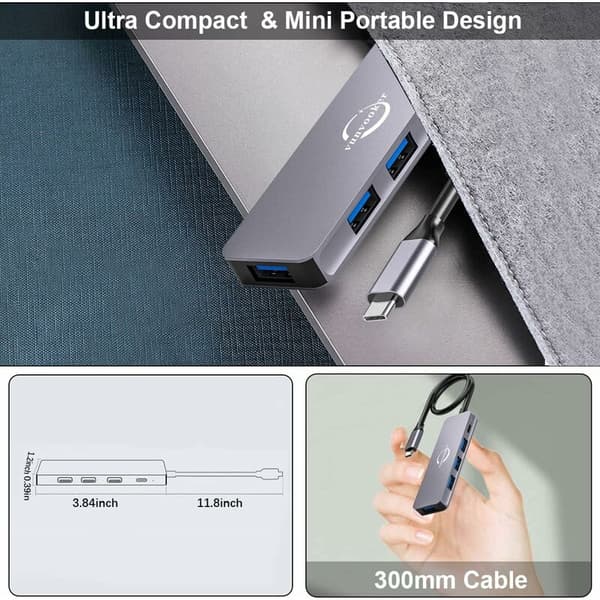 Aluminium USB-C 5-i-1 Hub 100W PD-lading USB 3.0 og 3×USB 2.0 Kompatibel med bærbare datamaskiner