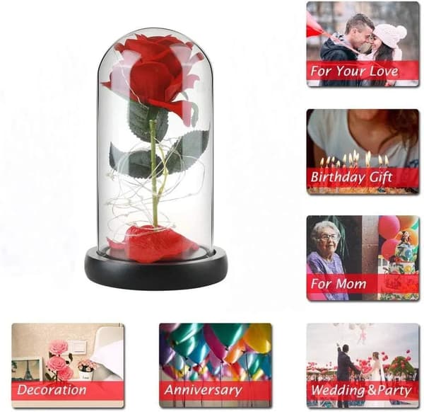 Presentförpackning med konserverad roslampa, glaskupol, LED-ljus, träbas, heminredning