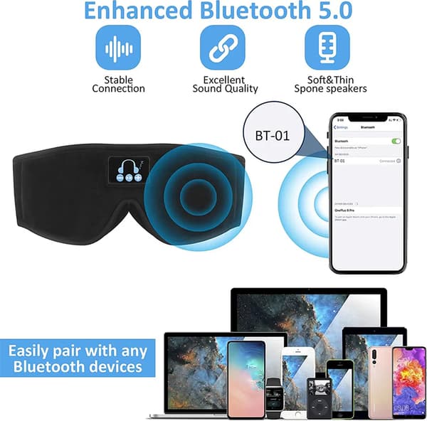Bluetooth Sovehovedbånd 1 stk 45x11cm Sort Åndbart Vaskbart Sidesover Sport