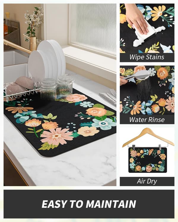 16 x 24 tommer blomstret sort absorberende kaffemåtte, gummibagside, kompatibel med kaffe- og espressomaskiner AMOAMI Coffee Mat