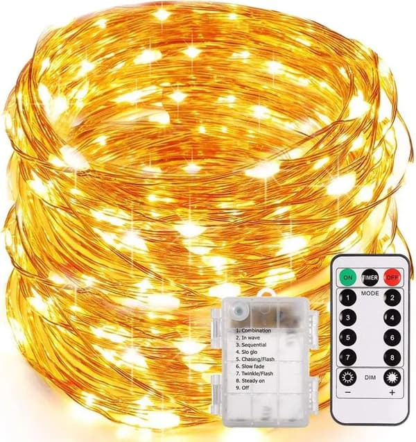 Batteridrivna ljusslingor 10,3 m 100 LED Varmvit Fjärrkontroll Timer IP65 Inomhus Utomhus