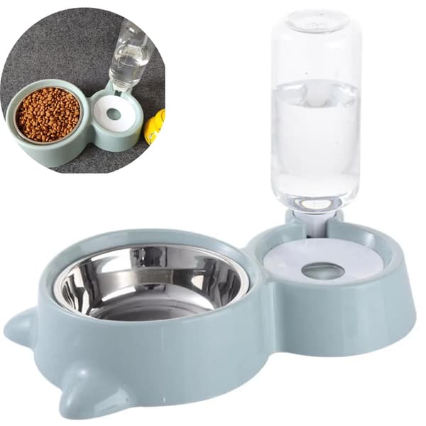 2-i-1 Kæledyrs Automatisk Foder- og Vanddispenser Blå Rustfrit Stål Plast 500 ml Kompatibel med Katte Hunde Spildkontrol