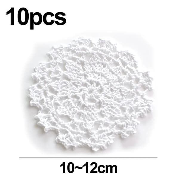 Små heklede bomullsunderlegg, runde 10 cm, 10 stk, hvite