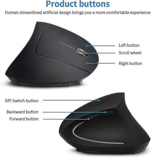 Sort Ergonomisk Vertikal Trådløs Mus, Genopladelig, 2.4G Bluetooth USB, 6 Knapper Ergonomic Vertical Wireless