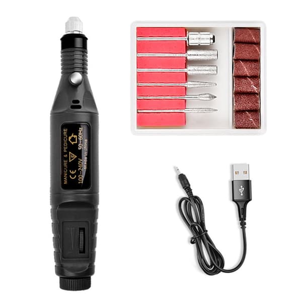 USB Elektrisk Neglebormaskin Profesjonell Neglesliper 6-Delt Sett Svart