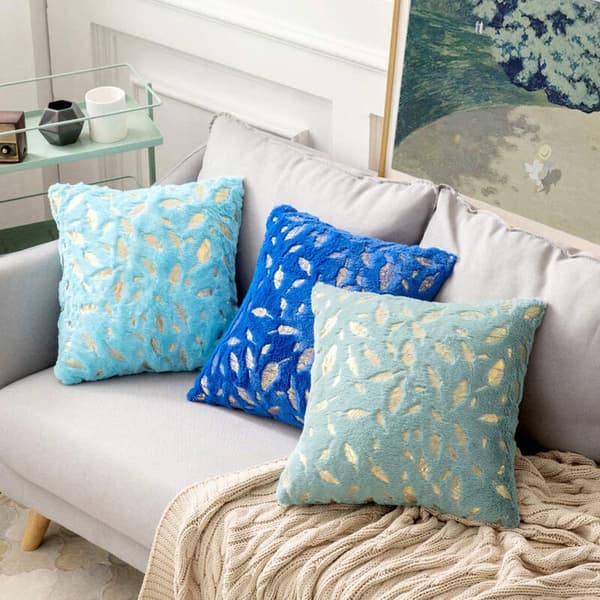 Lyseblå gullfjær dusk putetrekk 2 stk 45x45cm plysj polyester skjult glidelås sofagruppe