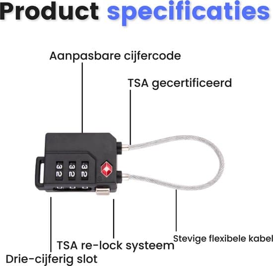 2-pack TSA-kabellås, 3-siffrig kombination, svart, 12 cm stålkabel