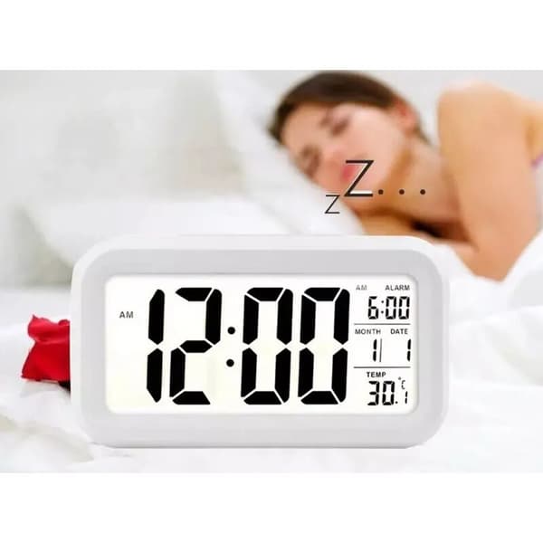 LED Digital Väckarklocka Datum Temp 12/24h Dimbar ABS Batteridriven Vit för Sovrum Kontor