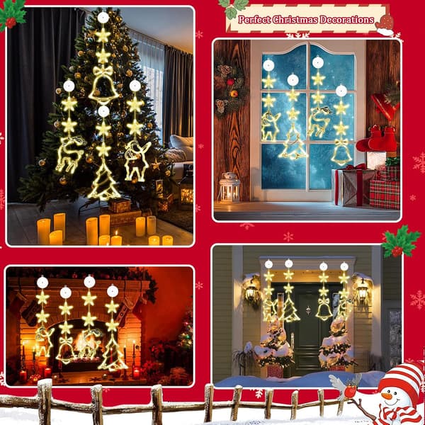 Sett med 4 LED jule sugekopplys, stjerne + elementer, varmhvit, batteri med timer Set of 4