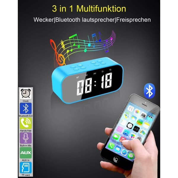 Bluetooth-högtalare Digital Väckarklocka LED-spegeldisplay Dubbla Larm Dimbar, Blå