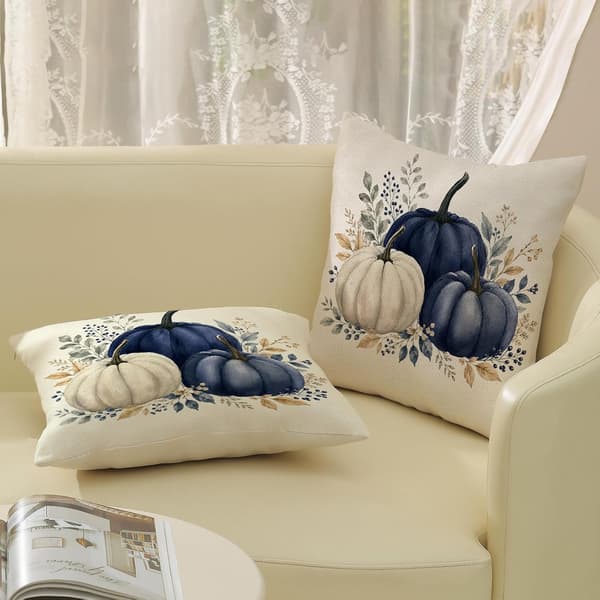 Hösten Blå Vit Pumpa Eukalyptus Kuddfodral 18x18 Set om 2 Set of 2