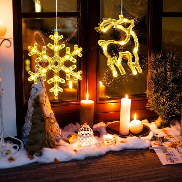 Julbelysning för inomhusfönster, 2-pack, 10 lysdioder, varmvit, batteridriven, timer (snöflinga och älg) Pack of 2