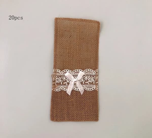 20 st bestickpåsar i säckväv med spetskant, rustika för bröllopsfest ~21x11cm
