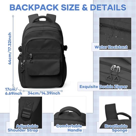 Sort Skolerygsæk, 25L, 14-tommer Laptop, Multi-Lomme