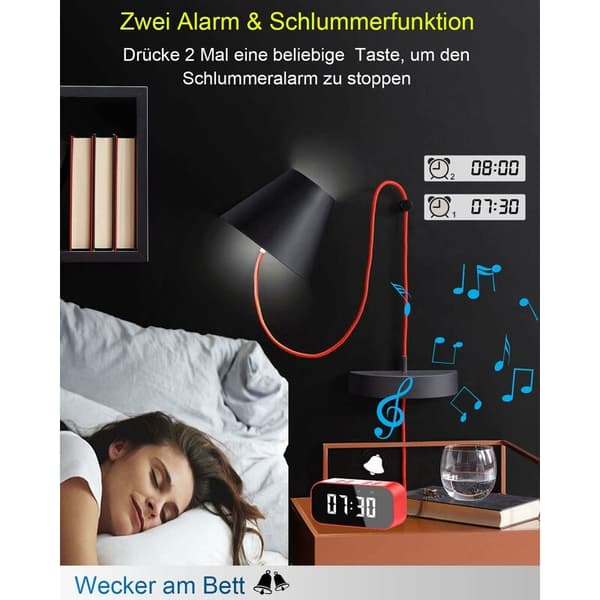 Bluetooth-högtalare Digital väckarklocka LED-spegeldisplay Dubbla larm Dimbar, Röd
