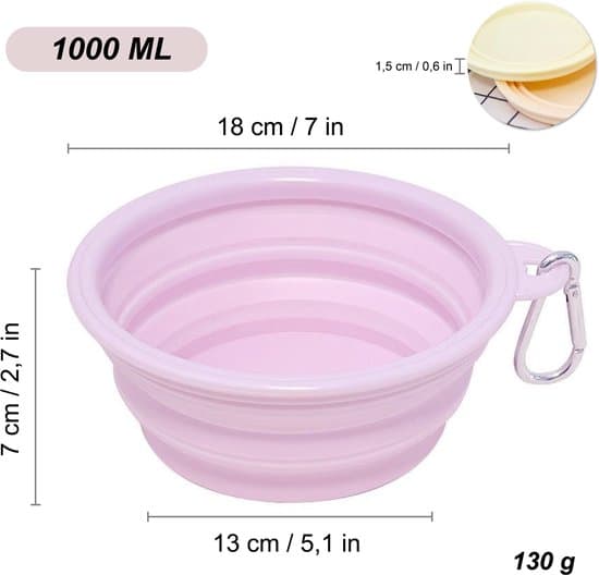 Hopfällbar husdjursskål, 1000 ml, rosa, med karbinhake