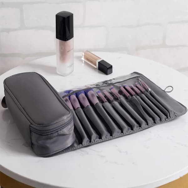 Makeupbørste Rullepose Grå Nylon Rejsetaske Rummer 20+ Børster