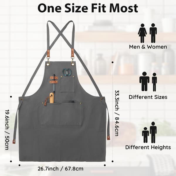 Grått arbeidsforkle i kanvas for menn og kvinner, 3 lommer, kryssryggstropper Canvas Aprons, Waterproof