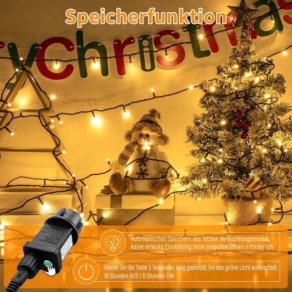 20M 200LED Varmhvite Julelys med Timer og 8 Moduser, Vanntett 20 m 200