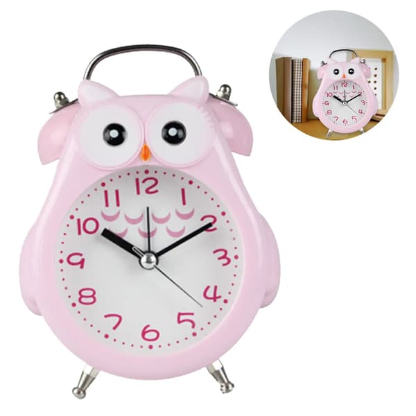 Barn Uggla Väckarklocka Tyst Nattlampa Snooze Analog Digital Metall Sovrum