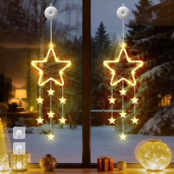 LED-stjerner julelys, pakke med 2 stjernevinduslys, varmhvit, batteridrevet med timer, 8 moduser Pack of 2