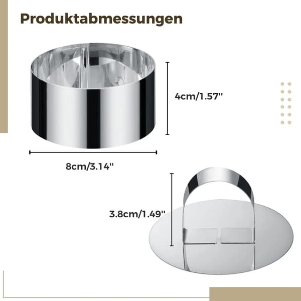Dessertringer i rustfritt stål, 12 stk. Kake- og mousseformer 8 cm diameter med presser