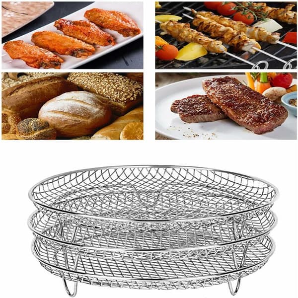 Rund Airfryer-rist 304 Rustfritt Stål 3-lags Stabelbart Tilbehør 19,8x19,8x9,9cm 3 Stk